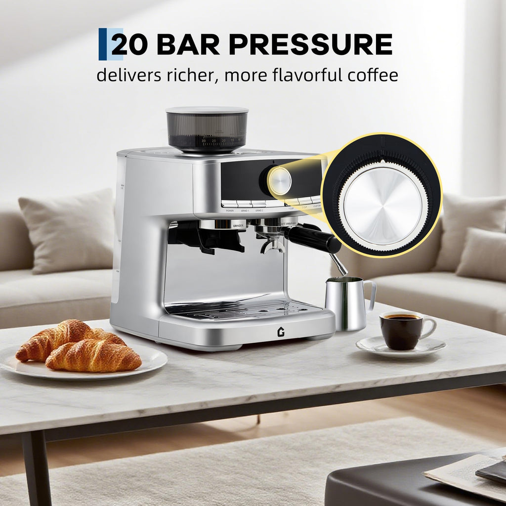 Garvee 20 Bar Pressure Espresso Machine with Grinder, Milk Frother for Home/Office, 1.5L Removable Tank, Silver