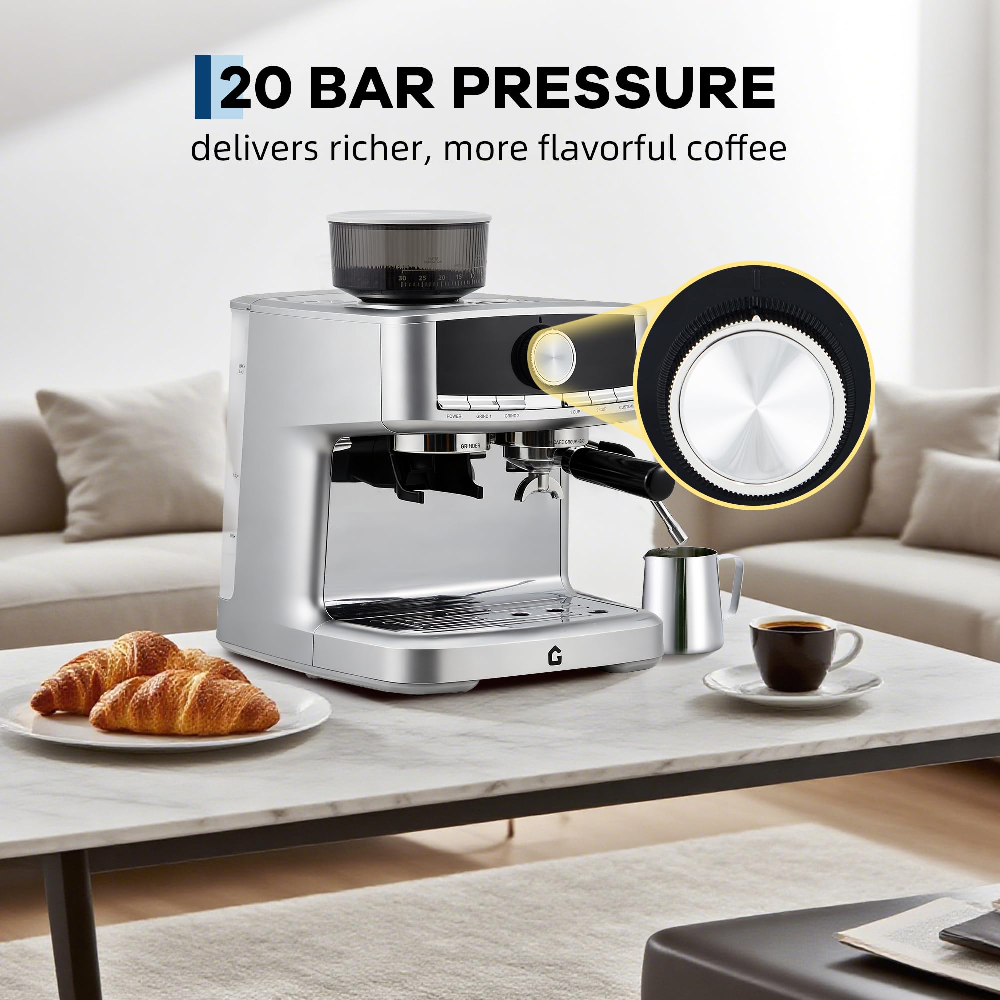 Garvee 20 Bar Pressure Espresso Machine with Grinder, Milk Frother for Home/Office, 1.5L Removable Tank, Silver