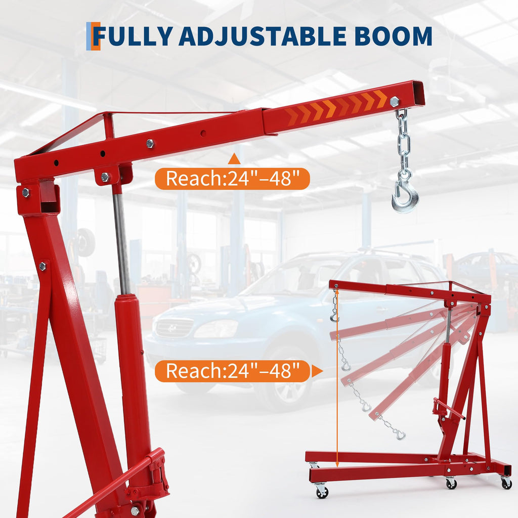 Garvee Engine Hoist Cherry Picker 2 Ton Folding Hydraulic Shop Crane with Telescopic Boom 24-48" Reach, Red