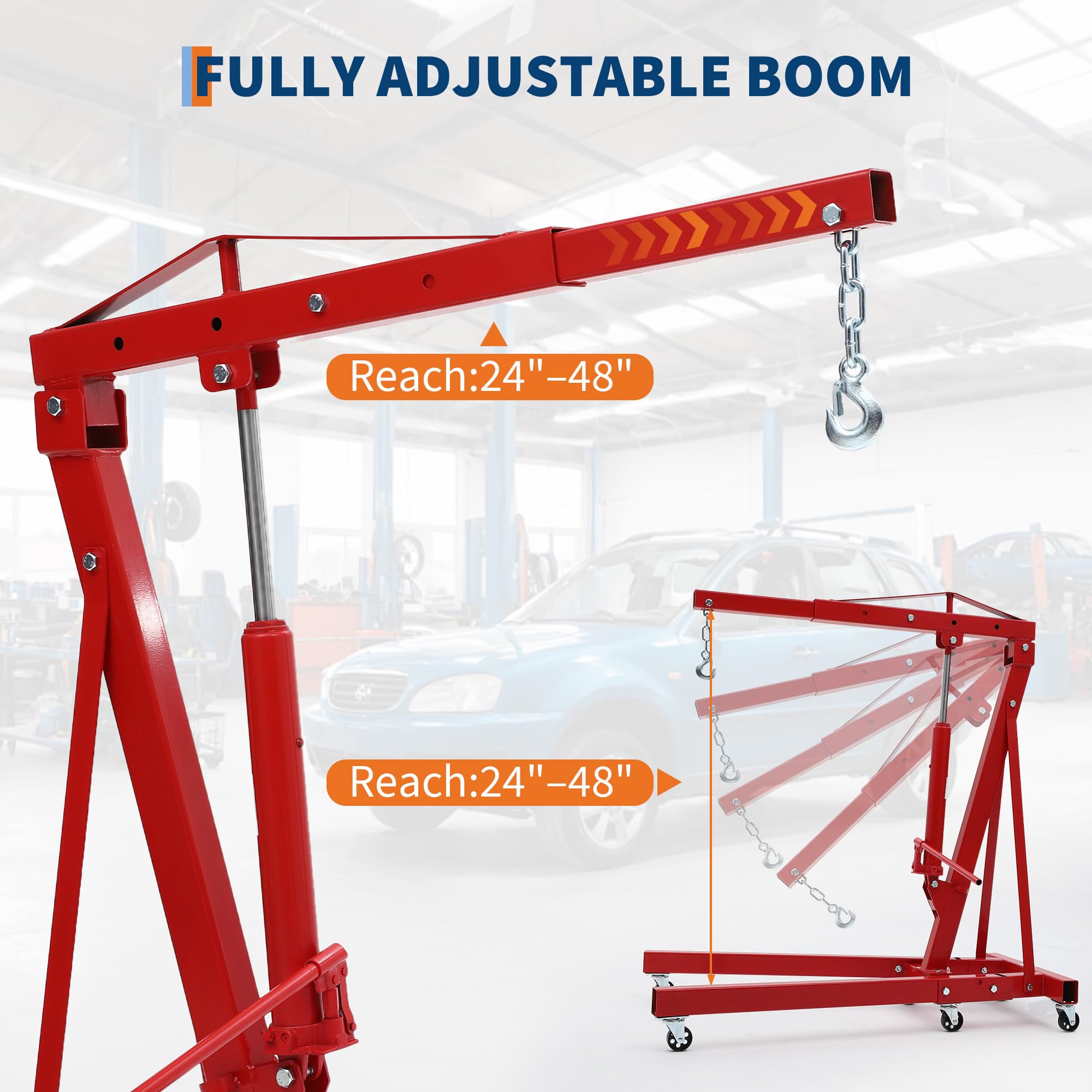 Garvee Engine Hoist Cherry Picker 2 Ton Folding Hydraulic Shop Crane with Telescopic Boom 24-48" Reach, Red