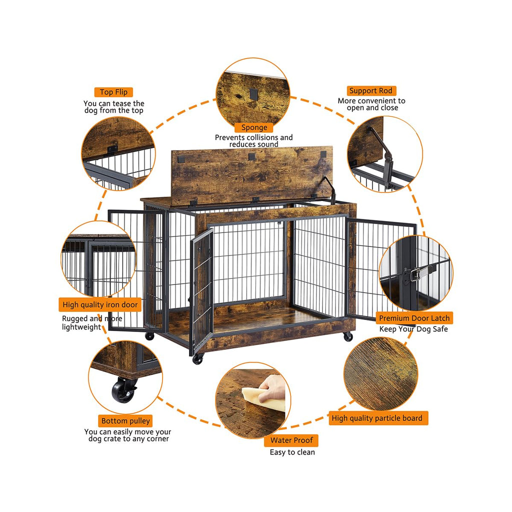 Garvee Dog Crate Furniture Dog Kennel Double Doors Medium Large Dog 38.58" W x 25.2" D x 27.17" H Rustic Brown