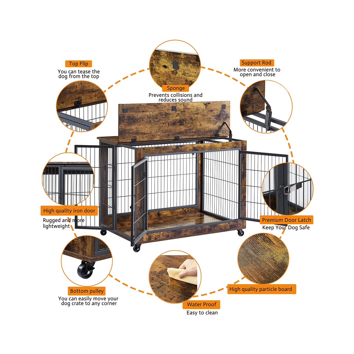Garvee Dog Crate Furniture Dog Kennel Double Doors Medium Large Dog 38.58" W x 25.2" D x 27.17" H Rustic Brown
