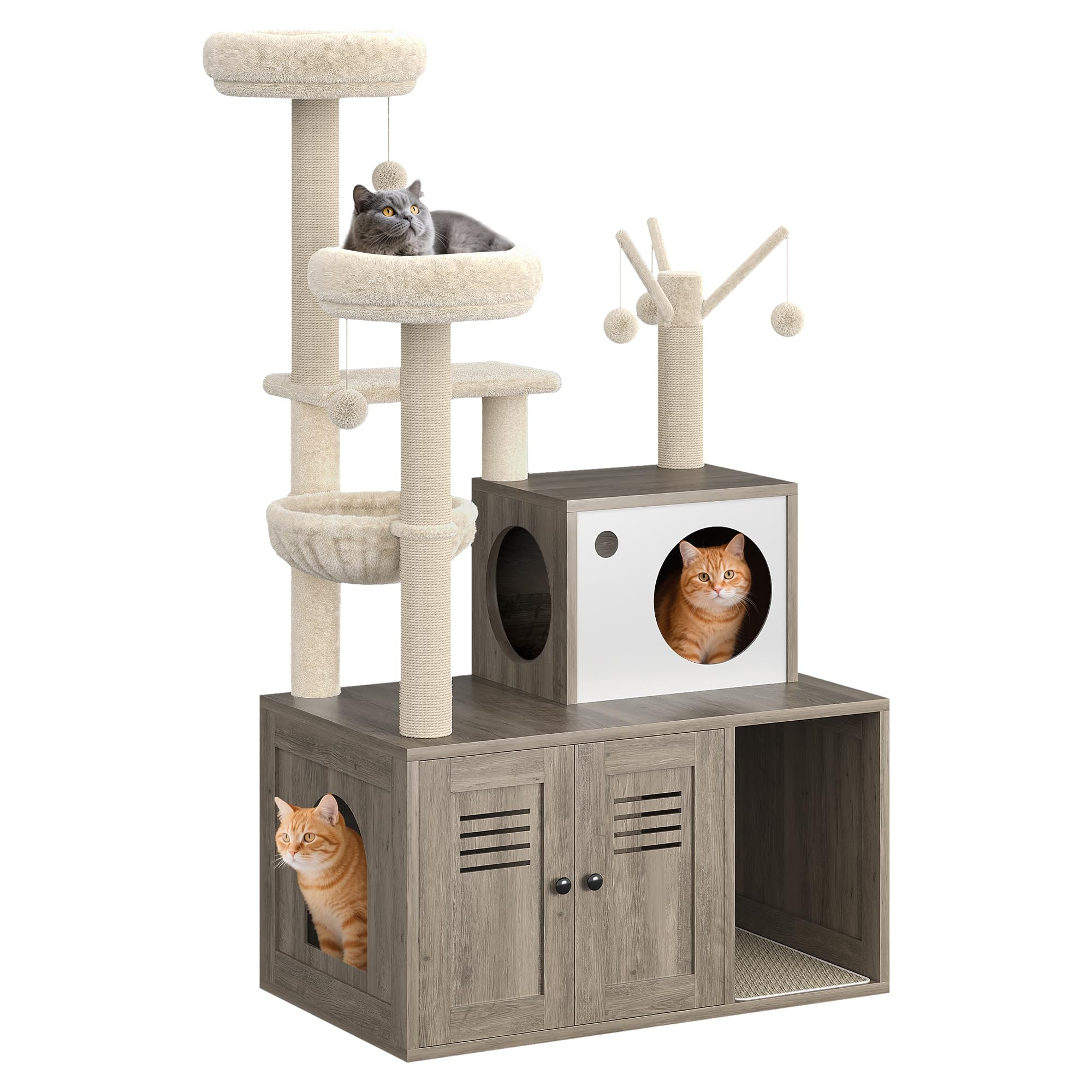 Garvee Cat Tree with Litter Box Enclosure, Sisal Scratching Post, Modern Wooden Cat Tower, Rustic Grey, 31.5''x18.9''