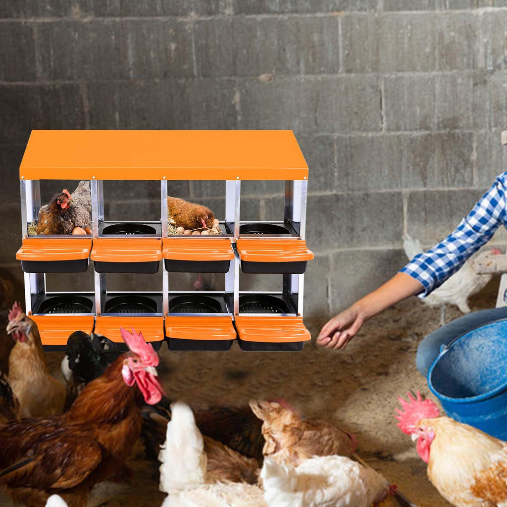 Garvee Chicken Nesting Box 8-Hole Roll Away Egg Laying Box with Lid, Heavy-Duty Galvanized Steel, Wall-Mountable, Orange