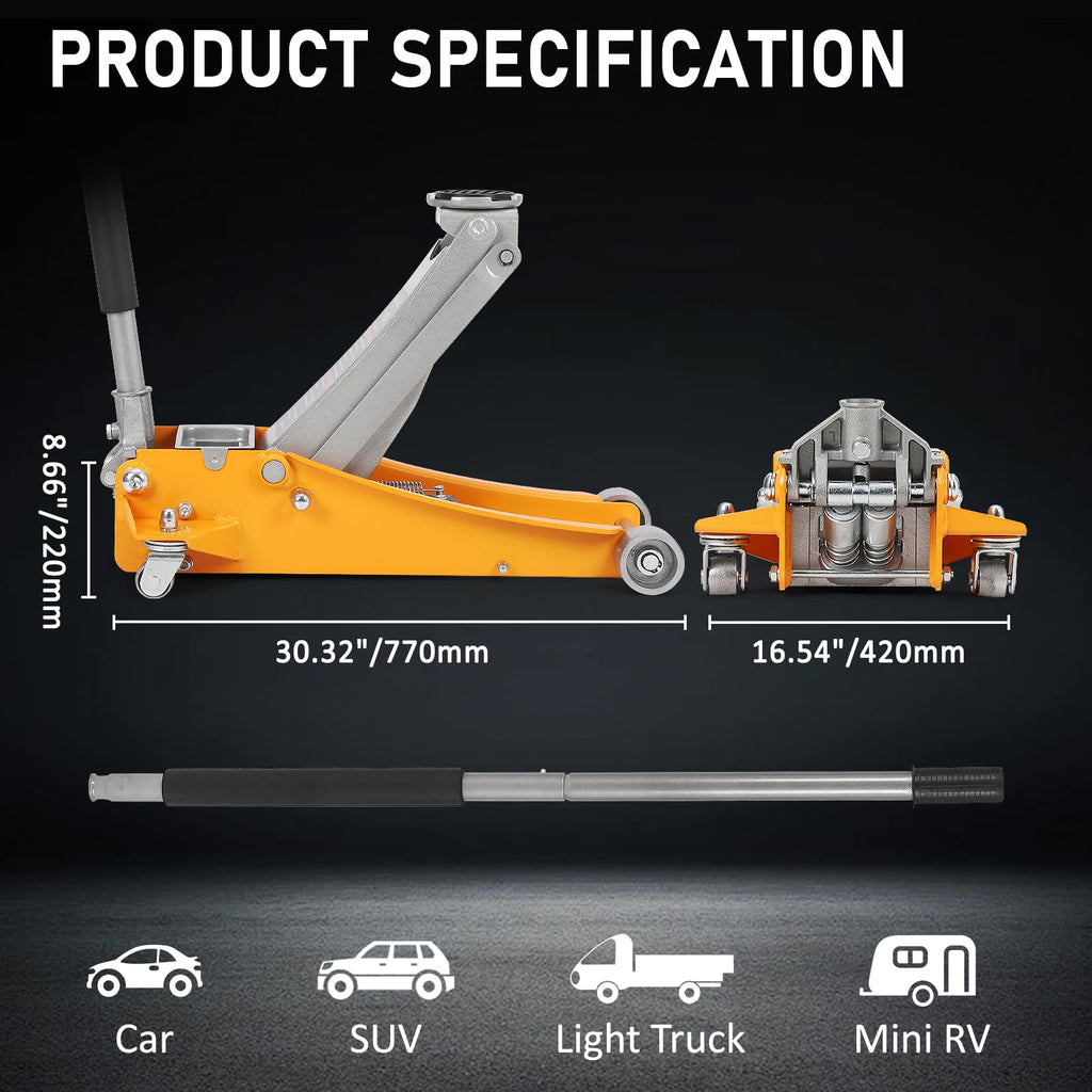 Garvee Floor Jack - Low Profile, 3T Steel Hydraulic, Dual Pistons Quick Lift, Lifting Range 3.46"-19.49"