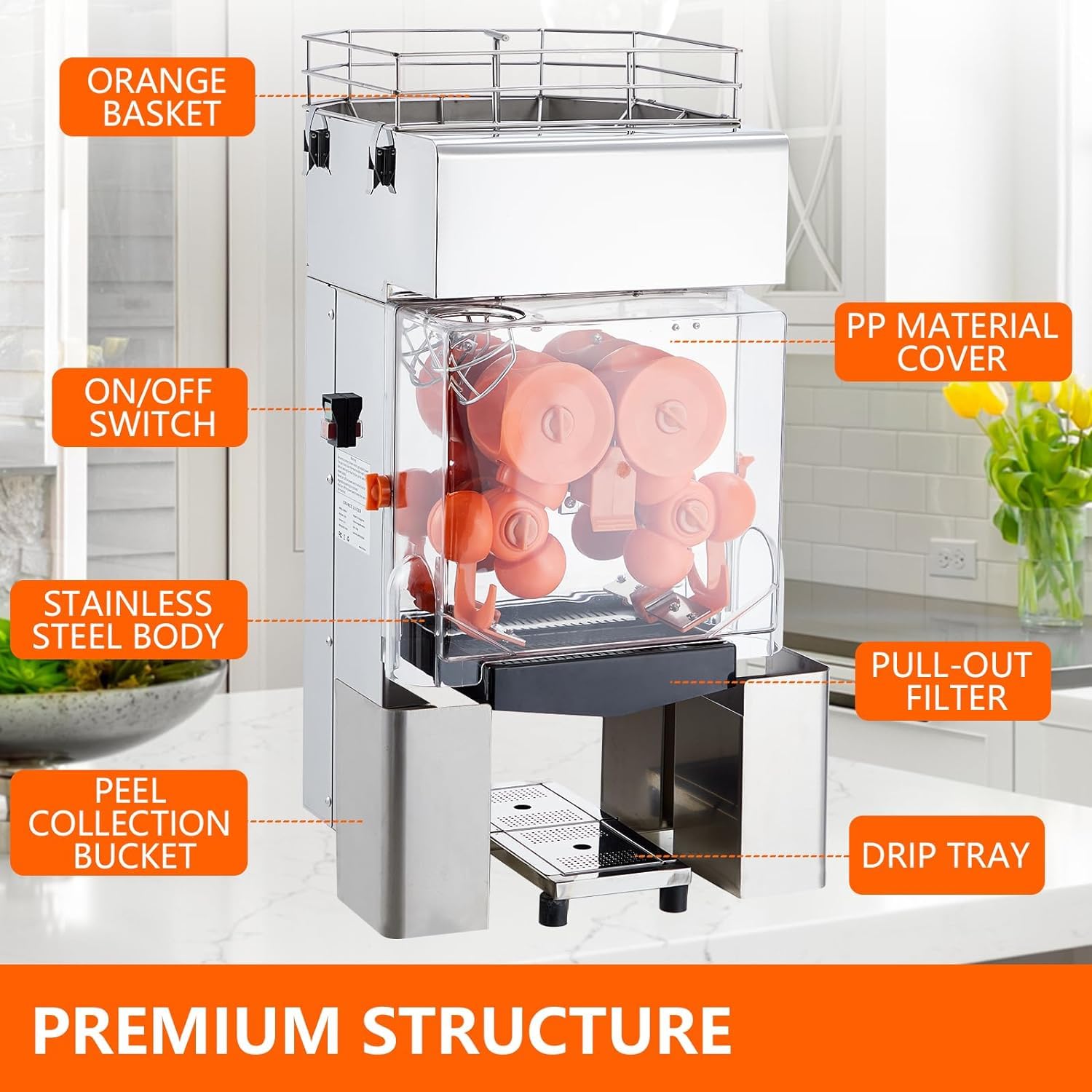 Garvee Commercial Automatic Juicer Machine 120W (110V) – High-Speed 30 Oranges/Min, Detachable Filter & Peel Bins, SUS304/PP for Cafes/Gyms