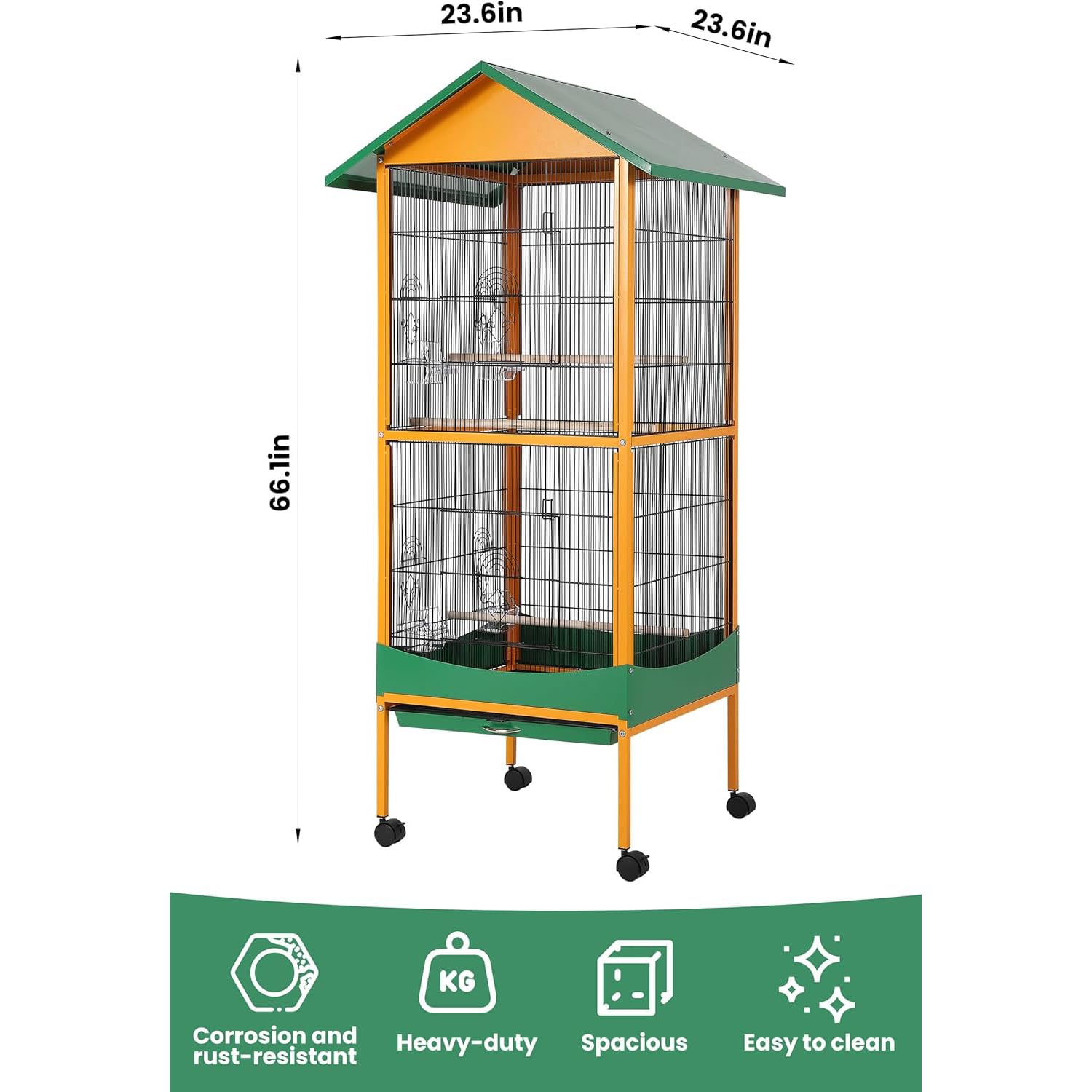 Garvee Extra Large Bird Cage 66''H with Removable Tray Waterproof Roof Lockable Caster Indoor Outdoor Yellow Green