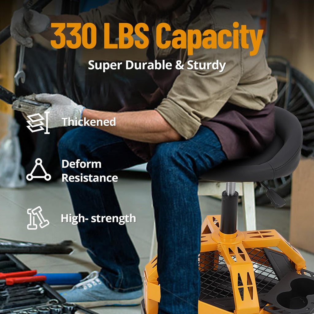 Garvee 330LBS Rolling Shop Stool for Garage - Heavy-Duty Mechanic Stool, Ease to Move with 360° Universal Casters, Engineering Design, High-Storage