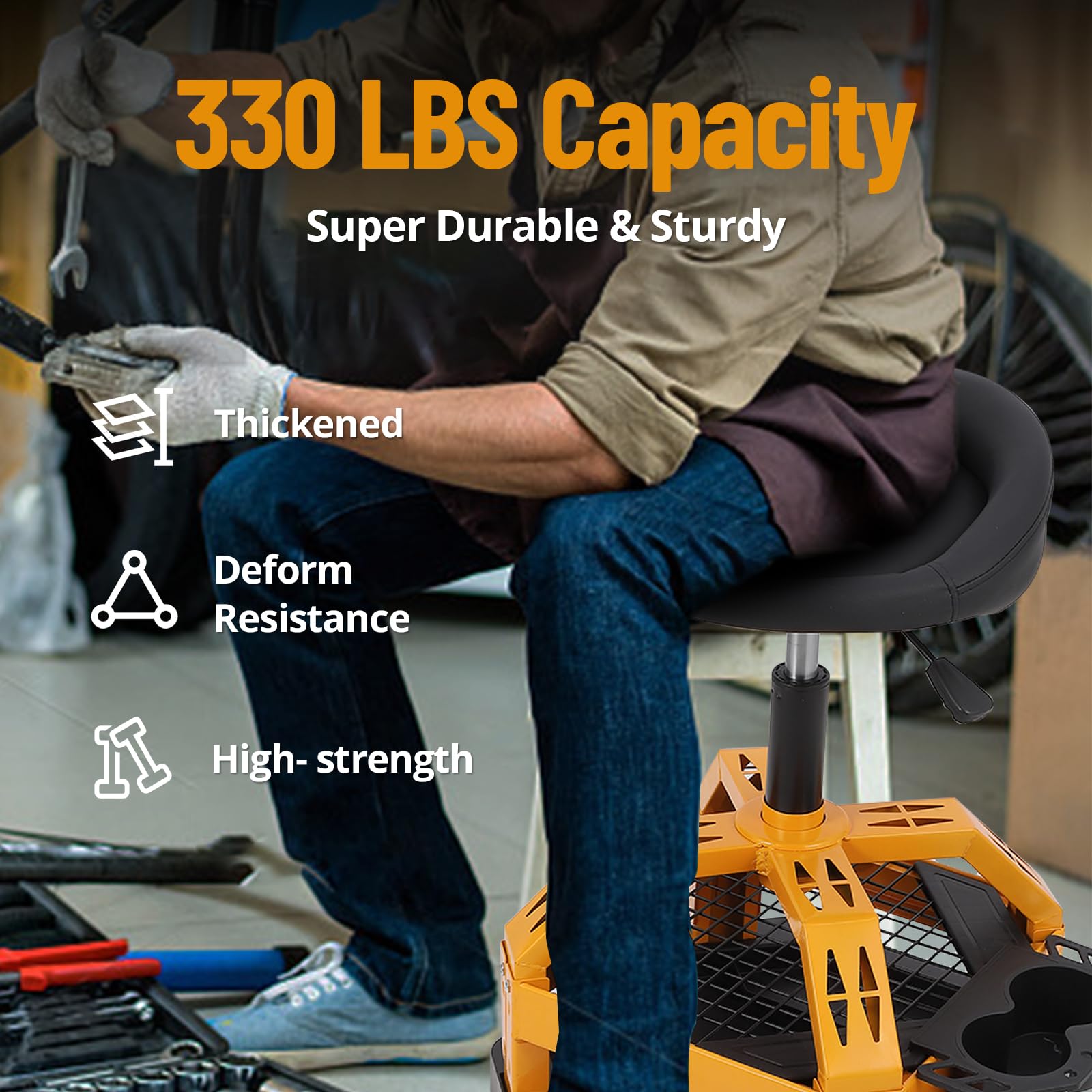 Garvee 330LBS Rolling Shop Stool for Garage - Heavy-Duty Mechanic Stool, Ease to Move with 360° Universal Casters, Engineering Design, High-Storage