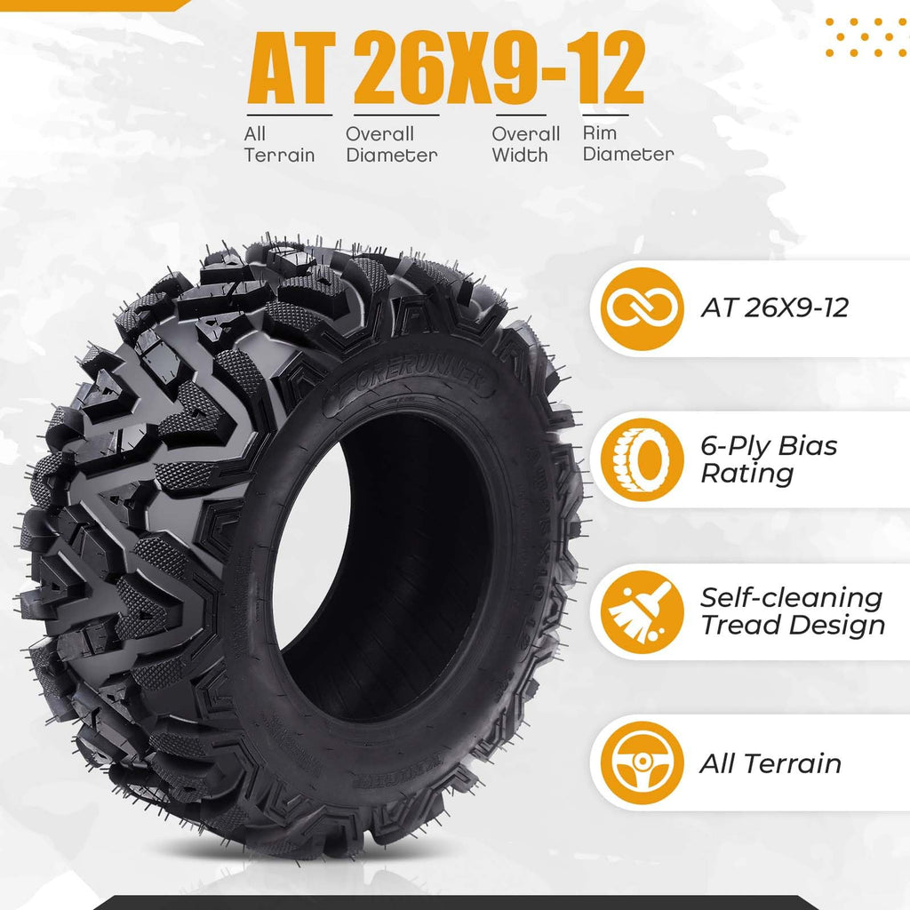 Garvee Set of 4 UTV/ATV Tubeless 6Ply Mud & Trail Tires, Front 26x9-12, Rear 26x11-12, Rubber, Off-Road Terrain