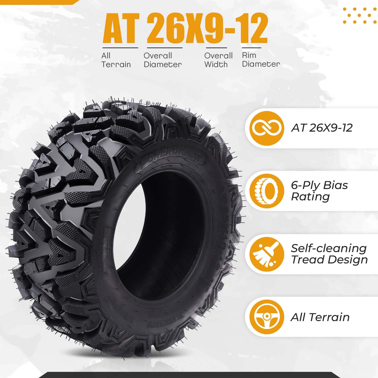 Garvee Set of 4 UTV/ATV Tubeless 6Ply Mud & Trail Tires, Front 26x9-12, Rear 26x11-12, Rubber, Off-Road Terrain