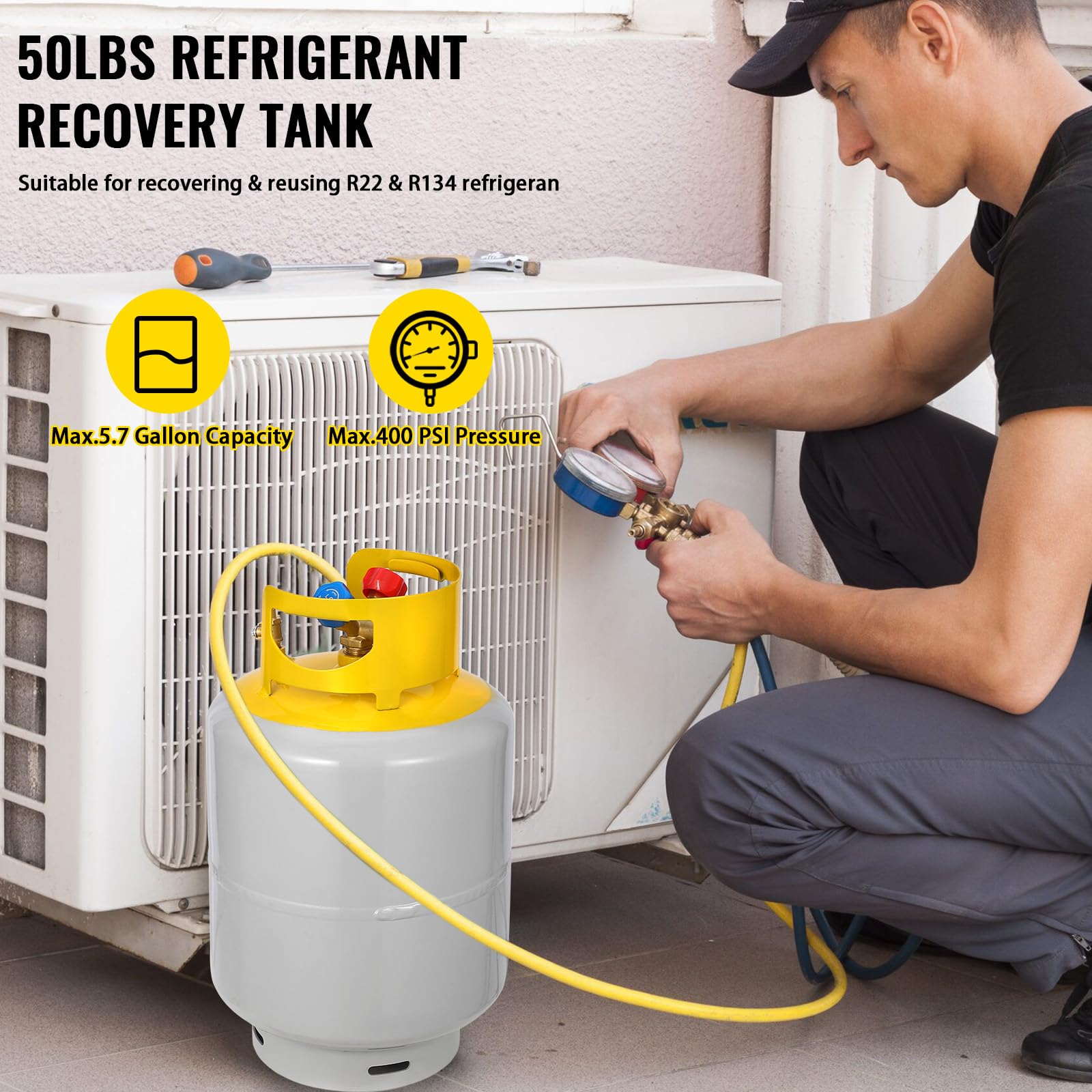 Garvee Refrigerant Recovery Cylinder Tank - Reusable, Dot Compliant, Y-Valve Liquid/Vapor, 50 Lb Pound