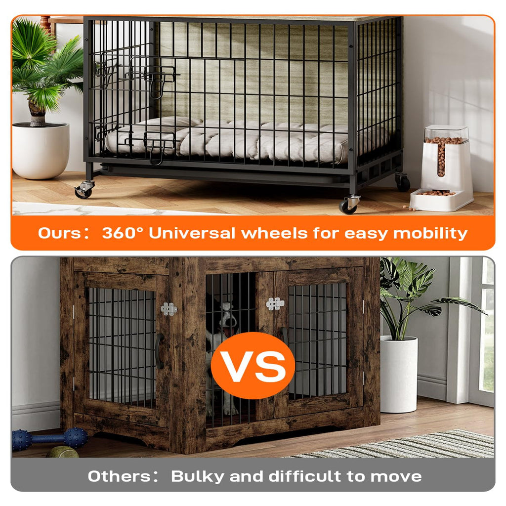 Garvee 27.2" Dog Crate Furniture with Cushion, Dog Kennel Indoor with Wheels, Dog Crate End Table with Tray with Double Doors for Small Dog, Grey