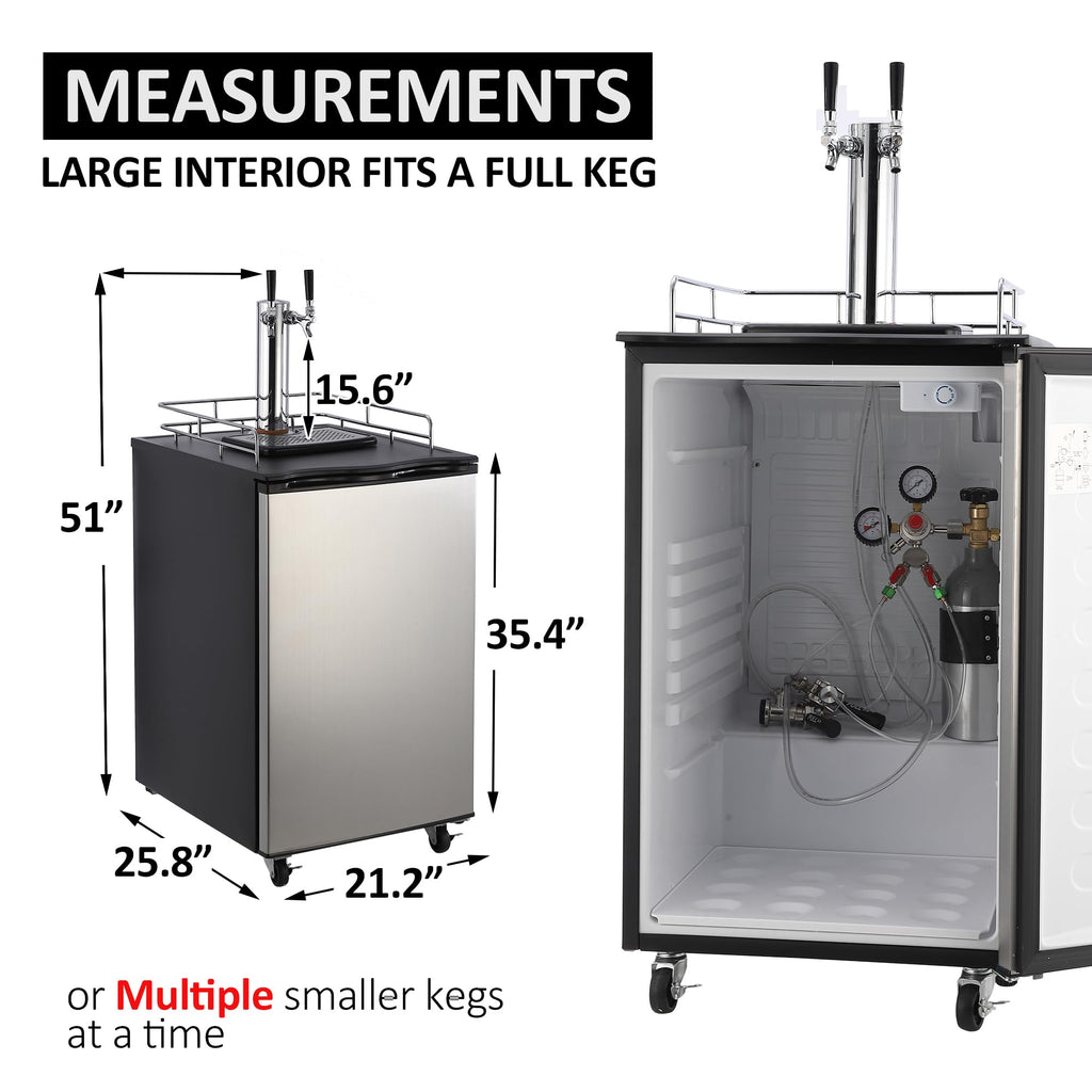 Garvee Beer Kegerator, Dual Tap Draft Beer Dispenser, Full Size Stainless Steel Keg Refrigerator With Drip Tray, CO2 Cylinder, 32°F- 50°F Temperature Control, 170L