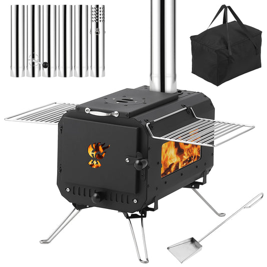 Garvee Outdoor Portable Wood Burning Stove for Camping - Cast Iron Tent Stove with View Glass & Chimney Pipes, Ideal for Ice Fishing, Cookout & Travel