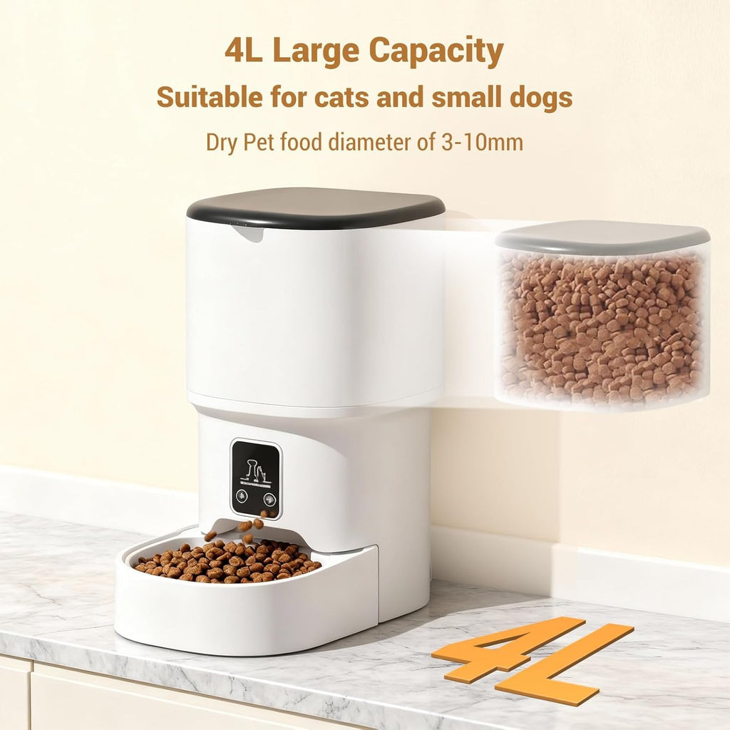 Garvee Automatic Dog & Cat Feeder 4L, Programmable Up to 6 Timed Meals, Portion Control, Dual Power, Stainless Steel Bowl, Easy to Clean, Dampness-Proof, Smart Food Dispenser, White