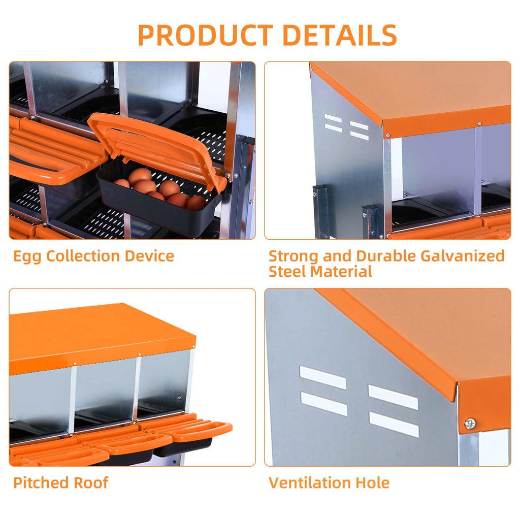 Garvee Chicken Nesting Box 6-Hole Roll Away Egg Laying Box with Lid Heavy-Duty Galvanized Steel Rustproof Design Wall-Mountable Orange