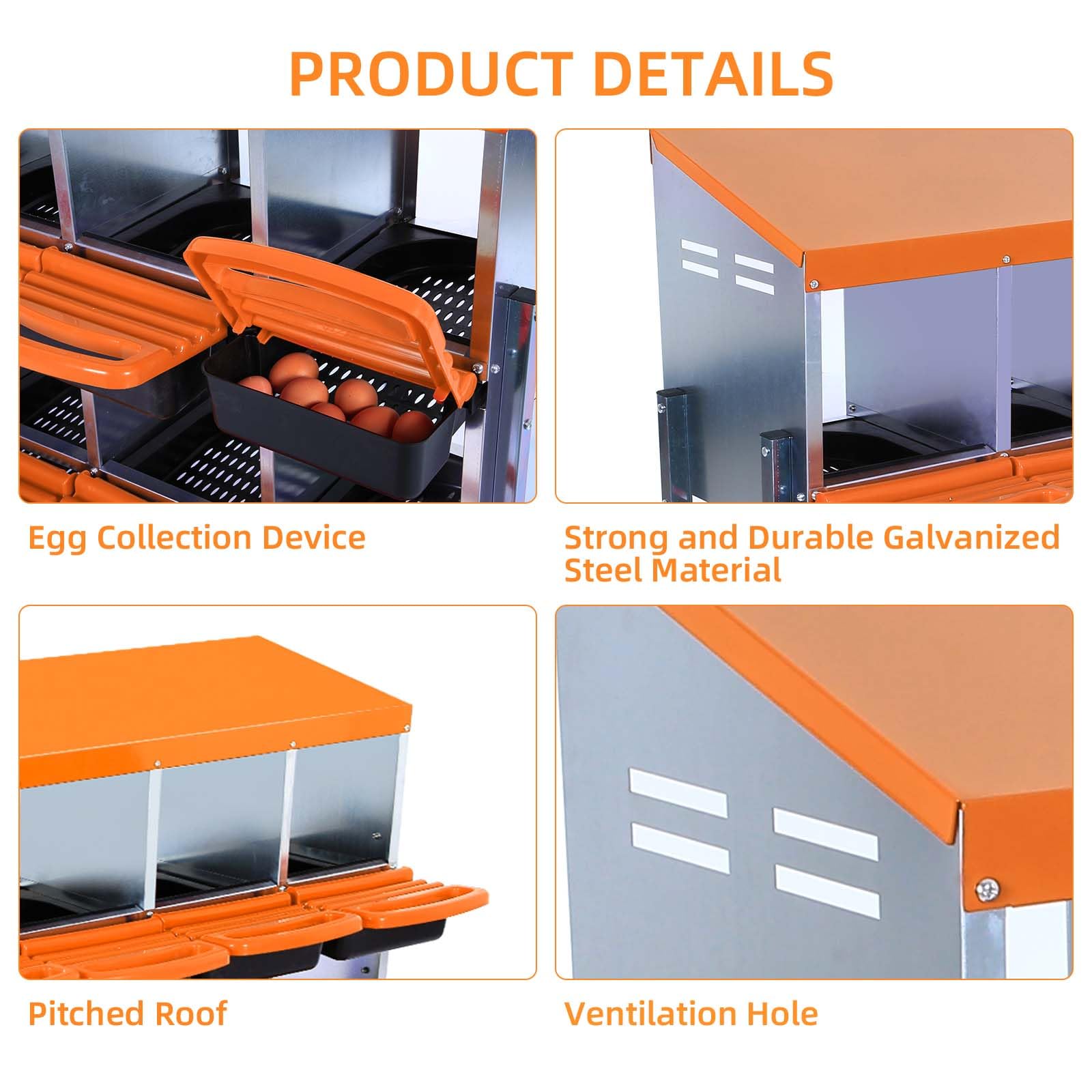 Garvee Chicken Nesting Box 6-Hole Roll Away Egg Laying Box with Lid Heavy-Duty Galvanized Steel Rustproof Design Wall-Mountable Orange