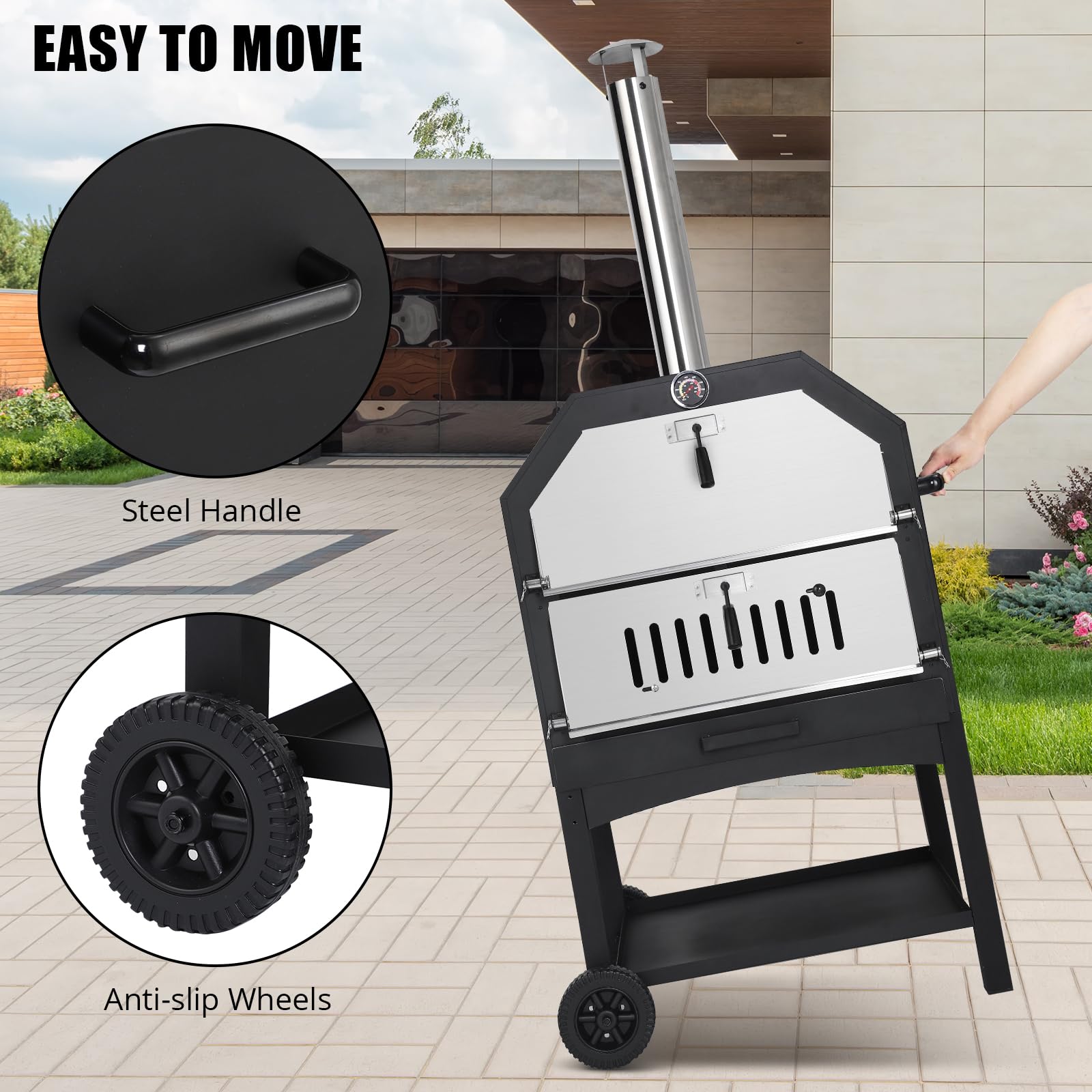 Garvee Outdoor Pizza Oven, Wood-Fired with Wheels, 12" Pizza Stone, Waterproof Cover, Pizza Peel & Accessories for Camping, Backyard BBQ, and Parties