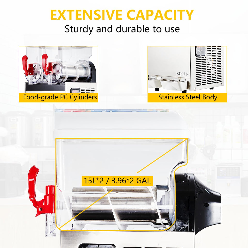 Garvee 15Lx2/7.92 Gals Commercial Slushy Machine Margarita Machine 500W Frozen Drink Machine Food-Grade PC Tanks for Restaurants Bars Pool Parties