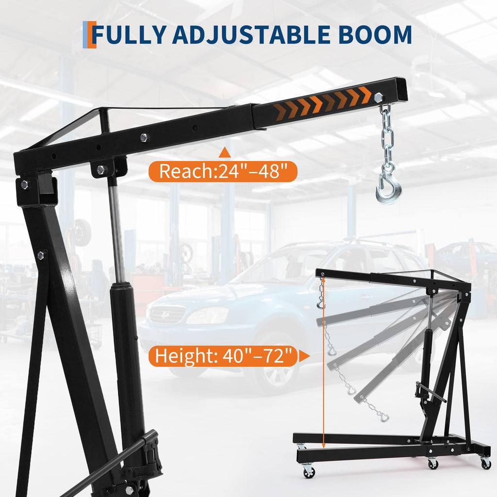 Garvee Engine Hoist Cherry Picker 2 Ton Folding Hydraulic Shop Crane Adjustable Boom Black 6 Casters