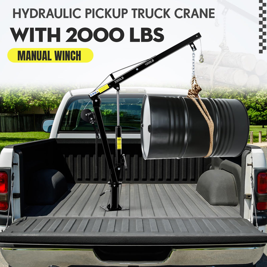 Garvee Pickup Truck Crane with Hand Winch, 2000 LBS Capacity, 360° Swivel Jib Engine Hoist, Folding Electric Winch, Black - Construction, Forestry, Factory Use