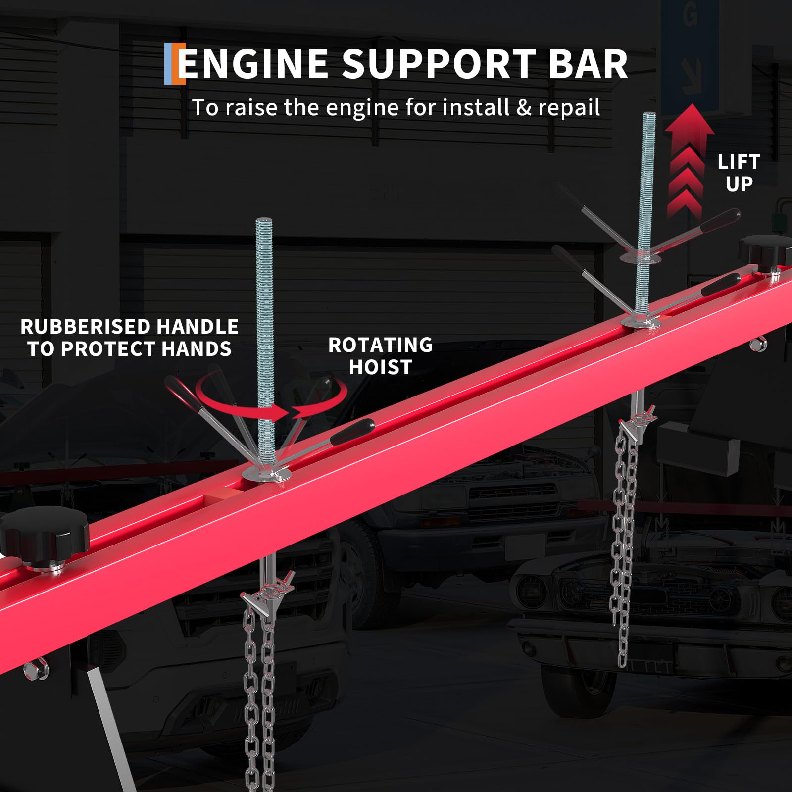Garvee 1100 Lbs Engine Support Bar With Dual Hooks For Home Garage & Auto Repair Shop, Adjustable 59.06 In, Heavy-Duty Steel