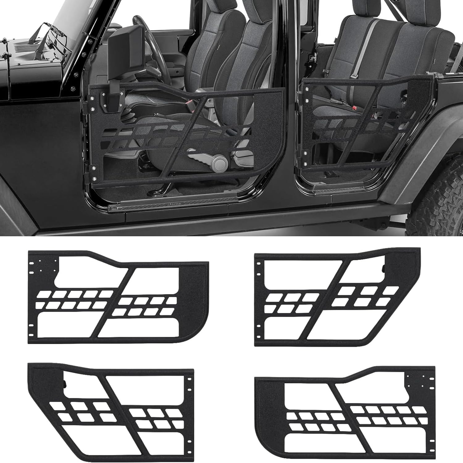 Garvee Off-Road Safari Tubular Doors Compatible with Jeep Wrangler JK 2007-2018 (4-Door Only) - Set of 4 Half Tube Doors for Offroad Trail Adventure (Not Include Mirrors)