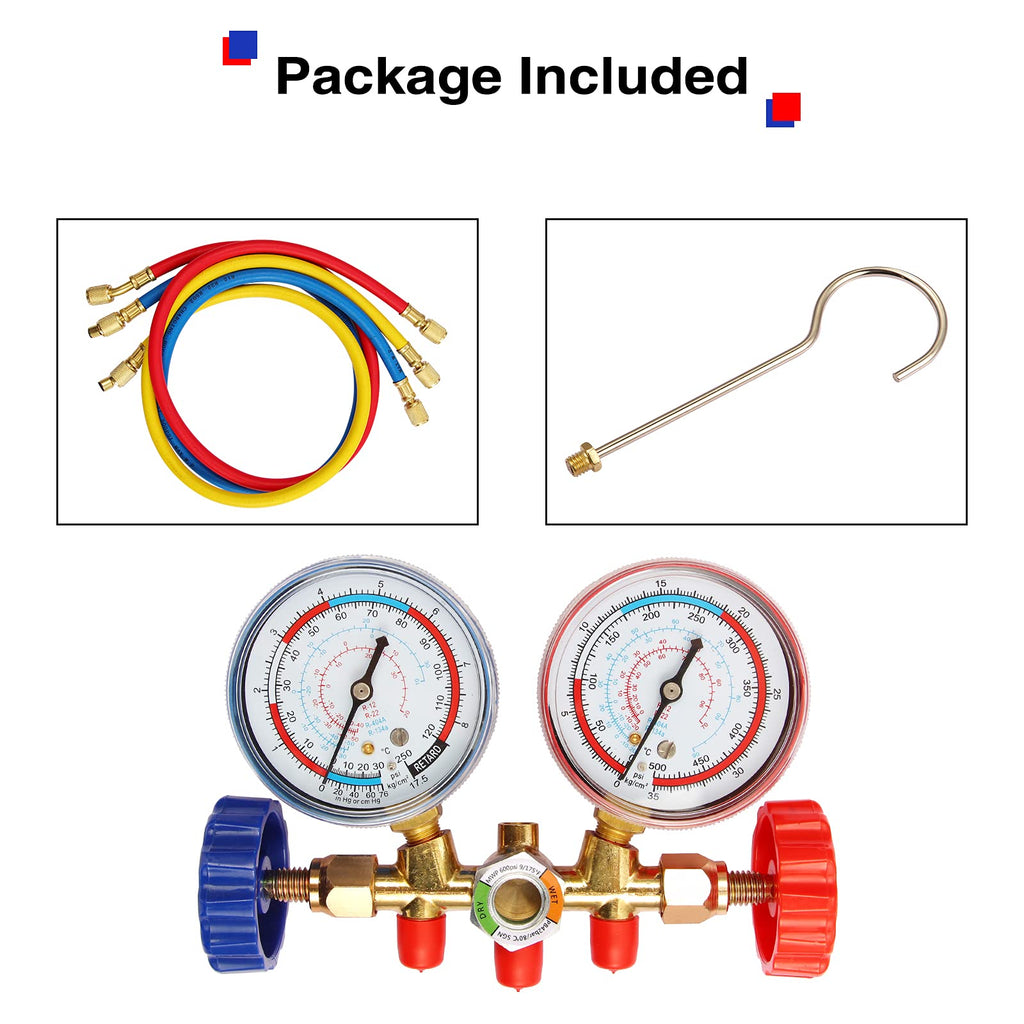 Garvee AC Diagnostic Manifold Gauge Set,Compatible for R134A, R22, R410 Home Car Refrigeration Charging, with Couples, 5FT Hoses(250Psi-500Psi)