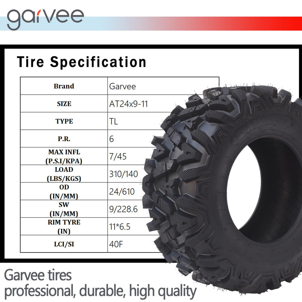 Garvee Set Of 4 ATV UTV All-Terrain Tires 24x8x12 6PR & 24x9x11 6PR Radial Construction Non-Directional Tread For 11-12 In Rims Black