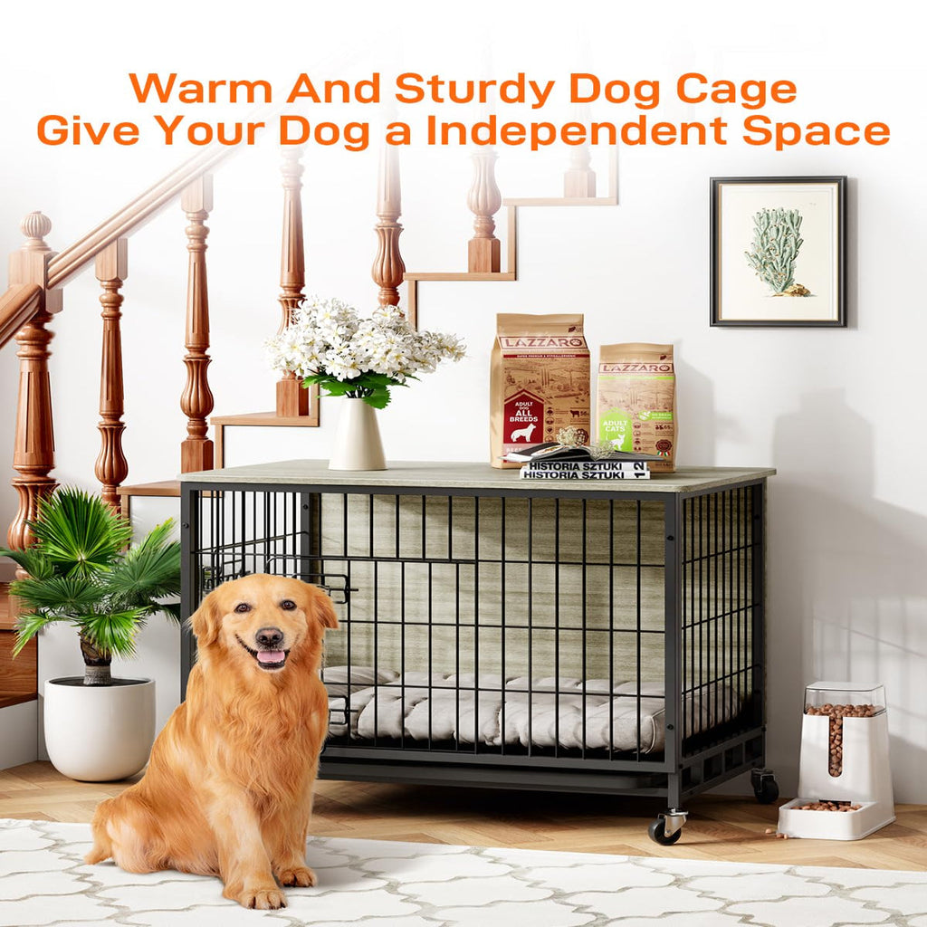 Garvee 27.2" Dog Crate Furniture with Cushion, Dog Kennel Indoor with Wheels, Dog Crate End Table with Tray with Double Doors for Small Dog, Grey