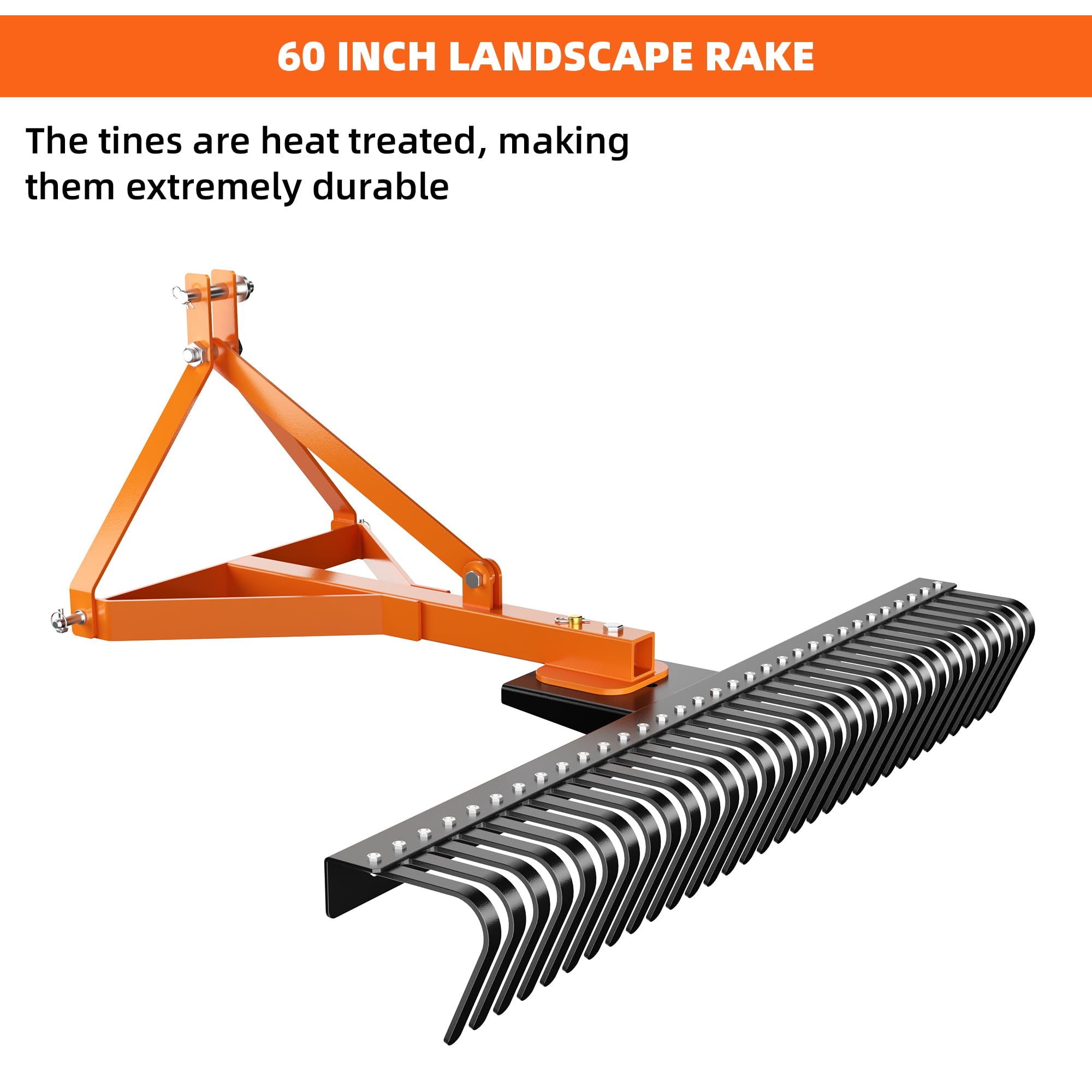 Garvee 3 Point 5 FT Landscape Rake, 60" Width 3 Point Rock Rake Tow-Behind Garden Tool for Compact Tractors, Fits Category 1 Hookup, 360 Degree Rotation Lawn Rake