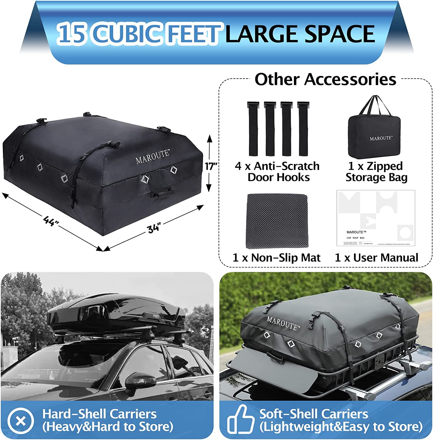 Garvee Rooftop Cargo Carrier Bag, 15 Cubic Feet Heavy Duty Waterproof Rooftop Car Bag,Fits for All Cars with/Without Rack,8 Door Hooks,Storage Bag - 15 Cubic Feet