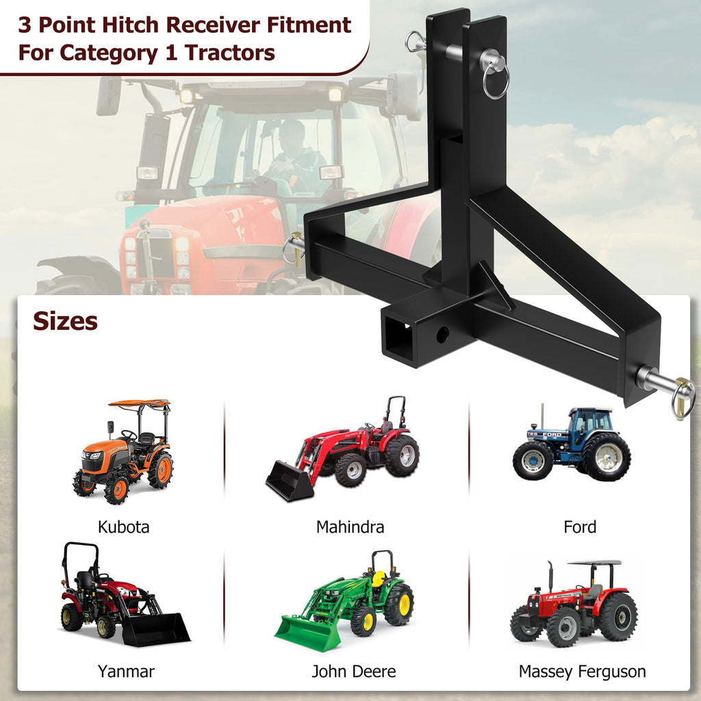 Garvee 3 Point Quick Hitch Receiver,2" Receiver Quick Hitch Compatible Category 1 Tractor,Heavy Duty 3 Point Hitch Farm Equipment and Subcompact Trailer Hitch Attachments