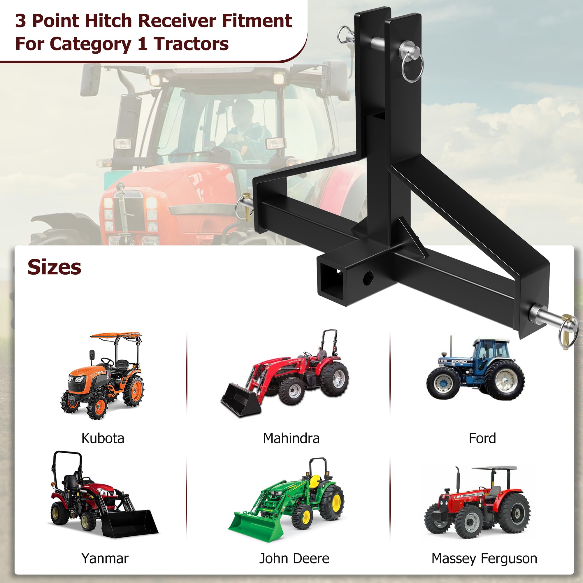 Garvee 3 Point Quick Hitch Receiver,2" Receiver Quick Hitch Compatible Category 1 Tractor,Heavy Duty 3 Point Hitch Farm Equipment and Subcompact Trailer Hitch Attachments