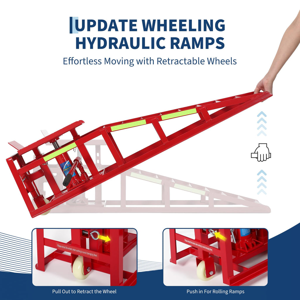 Garvee 2-Pack Hydraulic Car Ramps with Wheels and Reflective Stickers - 5-Ton (11,023 lbs) Capacity Ramps with Jacks for Home Garage Auto Repairs and Oil Changes, Red