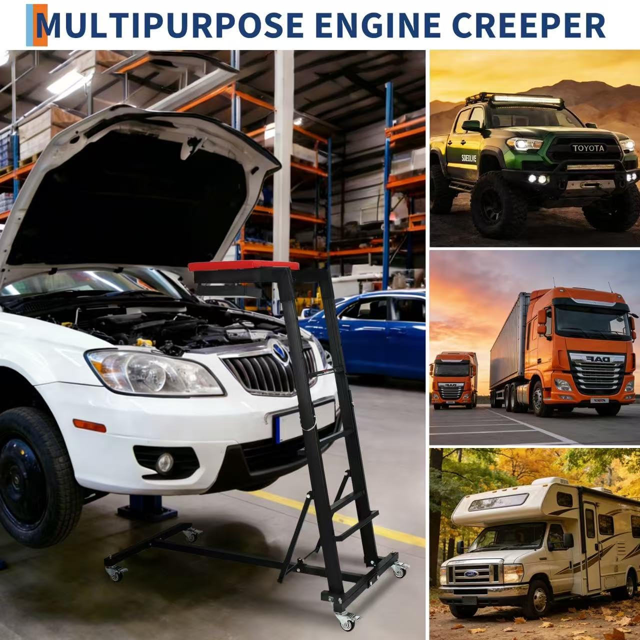 Garvee Heavy-Duty Foldable Automotive Engine Creeper, Adjustable Height 45" to 66", 400 lbs Capacity, 4 Brake Wheels, Storage Tray, and Padded Deck for Auto Repair & Trucks