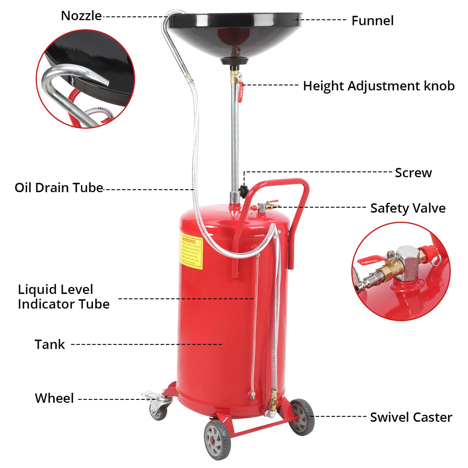 Garvee 20 Gallon Adjustable Oil Drain Tank, Pneumatic Waste Oil Drainer with 17.8" Funnel, 41.93-66.34" Height Range, Level Display & Brake Wheels for Auto Shops & Home Use