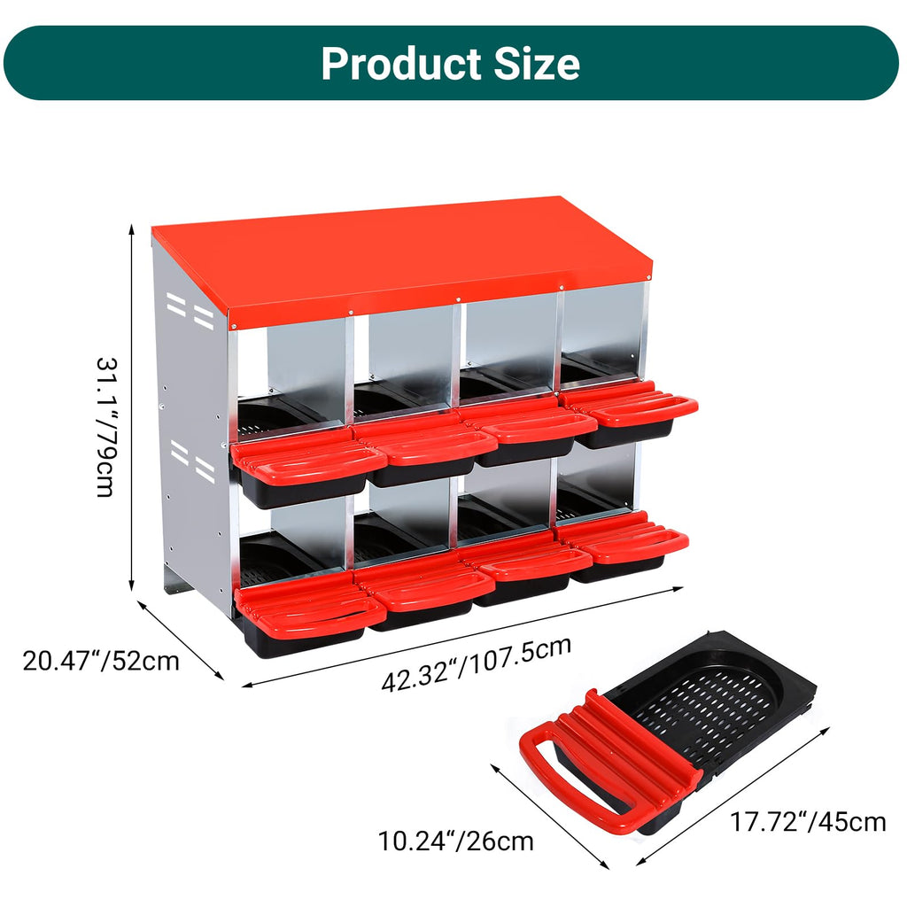 Garvee Nesting Boxes for Chickens, 8 Compartment Roll Away Nesting Box with Egg Collection, Perch, Lid Cover for Egg Protection, Wall Mount/Free Standing Nest Box for Chickens
