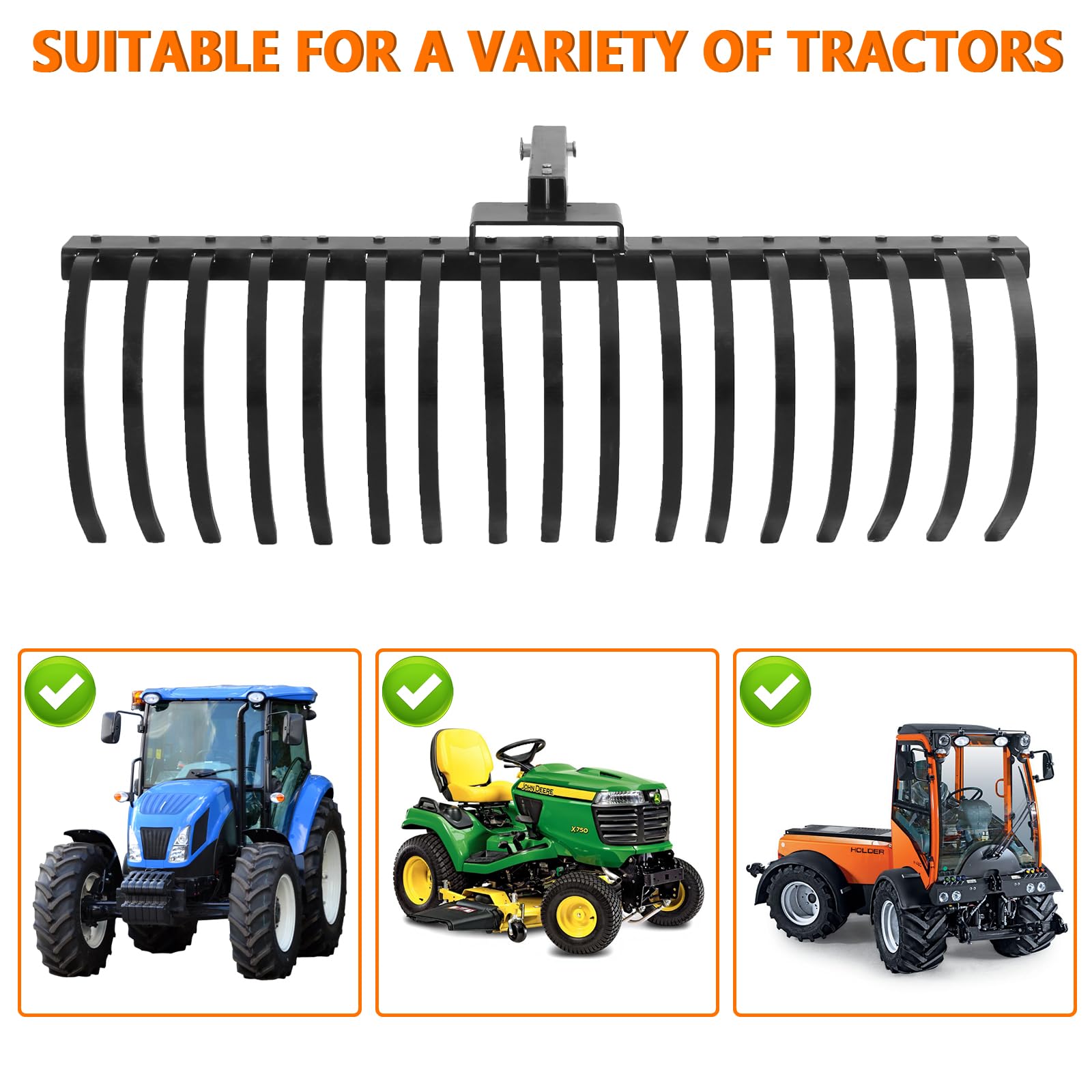 Garvee 49 Inch Landscape Rake for ATV, UTV & Lawn Tractor, 17-Tine Pine Straw Rake with 2-Inch Receiver, Tow-Behind Rock Rake for Leaves, Sticks & Debris