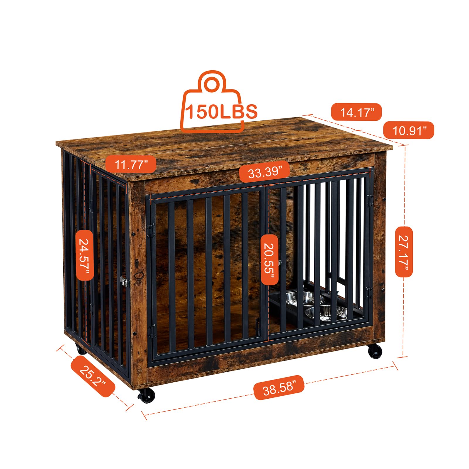 Garvee Dog Crate Furniture Decorative Wooden Dog Kennel End Table With Chew-Proof Metal Barrier And Dog Bowls For Small Medium Large Dogs Brown