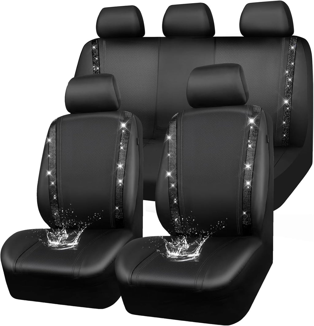 Garvee 9-Piece PU Leather Patchwork Car Seat Covers with Rhinestones - Universal Fit for VW Caddy, Ford Focus, Audi A3, Mini Cooper - Black & White
