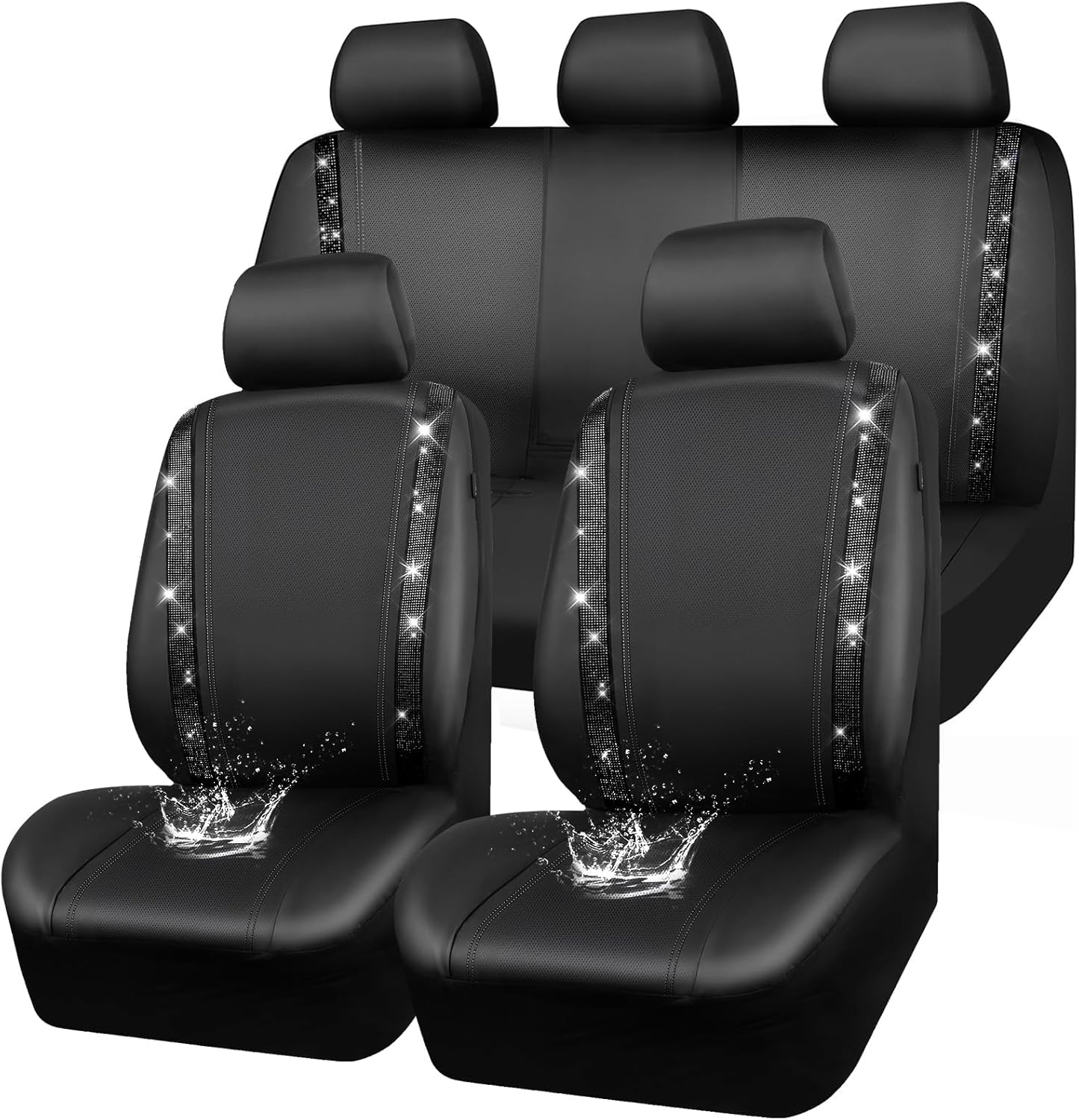 Garvee 9-Piece PU Leather Patchwork Car Seat Covers with Rhinestones - Universal Fit for VW Caddy, Ford Focus, Audi A3, Mini Cooper - Black & White
