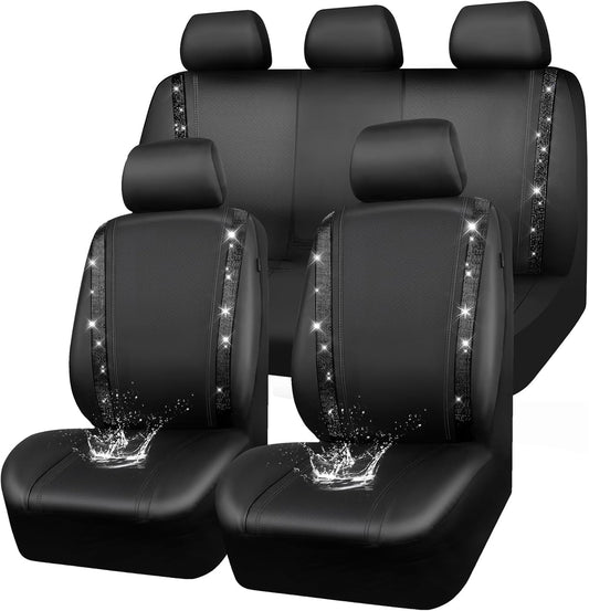 Garvee 9-Piece PU Leather Patchwork Car Seat Covers with Rhinestones - Universal Fit for VW Caddy, Ford Focus, Audi A3, Mini Cooper - Black & White