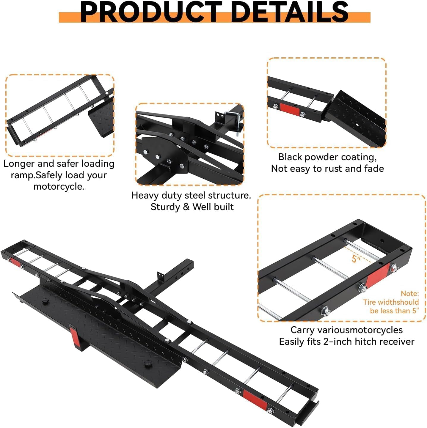 Garvee 600lbs Motorcycle Tow Hitch Dirt Bike Transport Rack for Motorcycles Bicycles and Scooters Iron Build with 4 Straps Secure Hauler Hitch Mount Rack with Ramp, Black