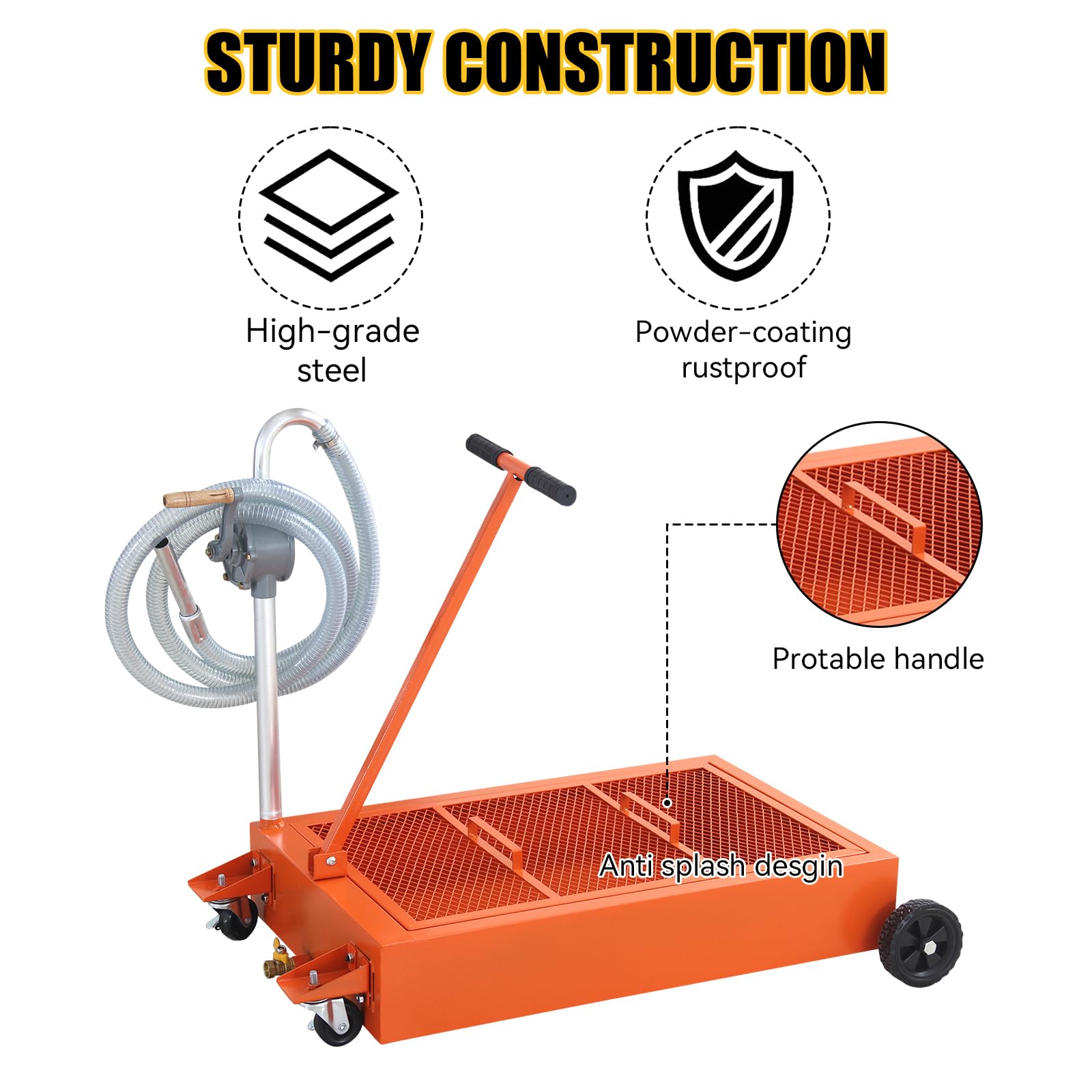 Garvee 20 Gallon Hand Pum Low Profile Portable Oil Drain Pan,with T-Handle,for Car,Suvs with Hose,Casters - Orange