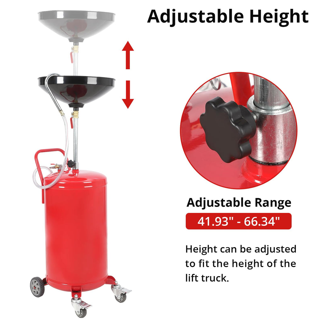 Garvee 20 Gallon Adjustable Oil Drain Tank, Pneumatic Waste Oil Drainer with 17.8" Funnel, 41.93-66.34" Height Range, Level Display & Brake Wheels for Auto Shops & Home Use