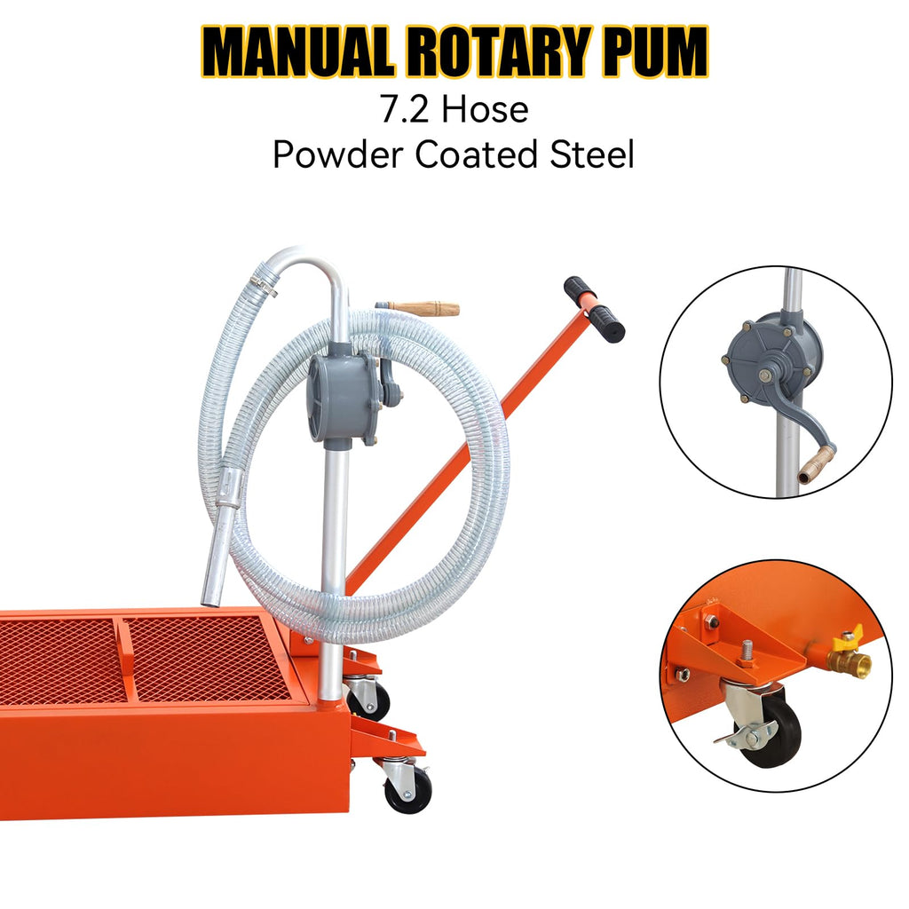 Garvee 20 Gallon Hand Pum Low Profile Portable Oil Drain Pan,with T-Handle,for Car,Suvs with Hose,Casters - Orange