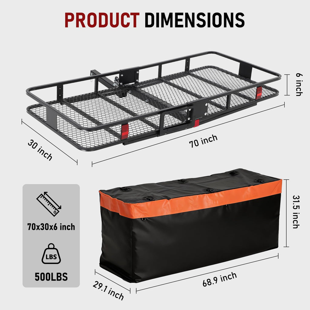 Garvee 70" x 30" Hitch Cargo Carrier, Heavy Duty Folding Cargo Basket, 500 Lbs Capacity, Carbon Steel, Black