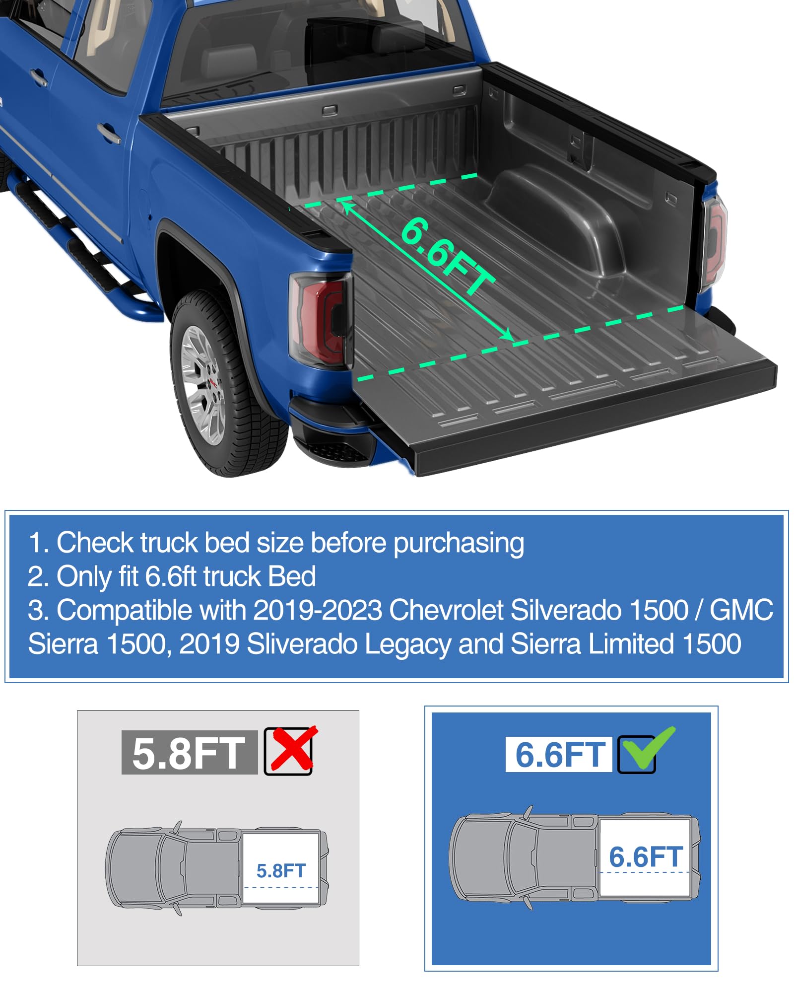 Garvee 6.6ft Quad Fold Soft Tonneau for 19-23 Silverado